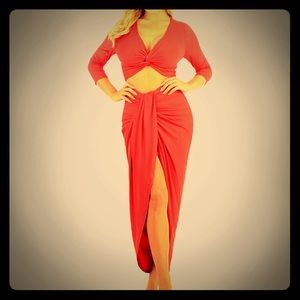 New Red Crop Top Wrap Midi Stretch Skirt Set S